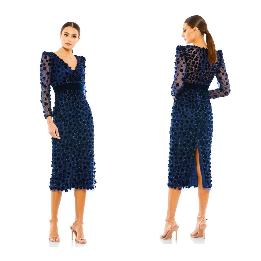 Mac Duggal Navy Blue Midi Dress with 3D Floral Applique